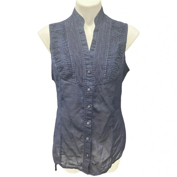 Express Design Studio Cotton Lightweight Sheer Navy Split Neck Button Down Top - Picture 1 of 6